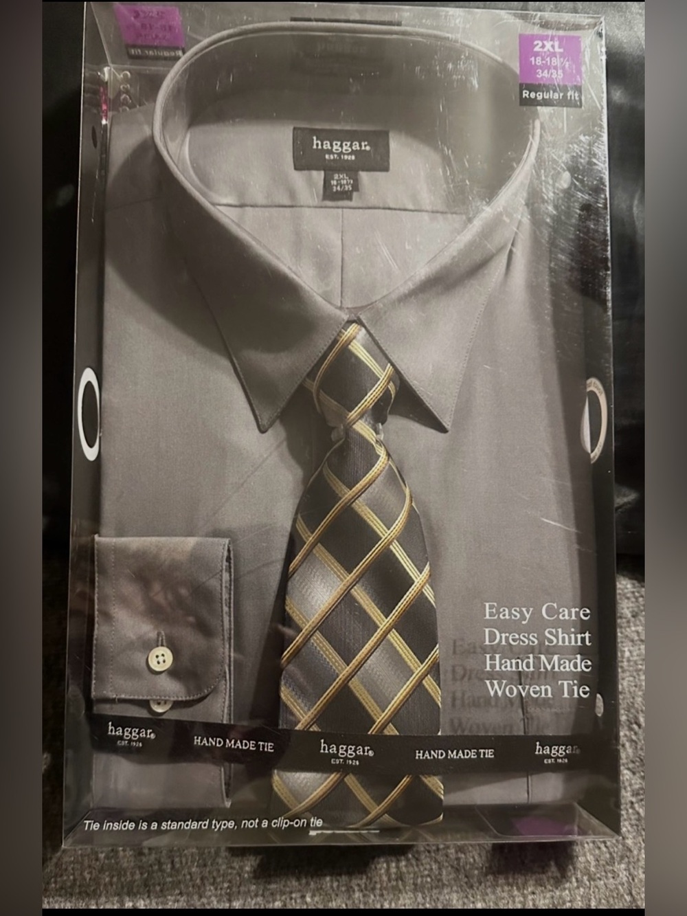 Haggar Gray Dress Shirt with Black and Gold Plaid Tie